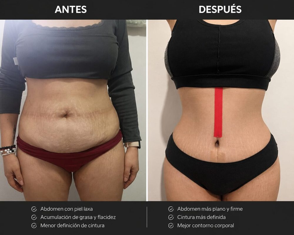 Antes y después de abdominoplastia después de bajar de peso — Dra. Jennifer Cáceres, Olivos